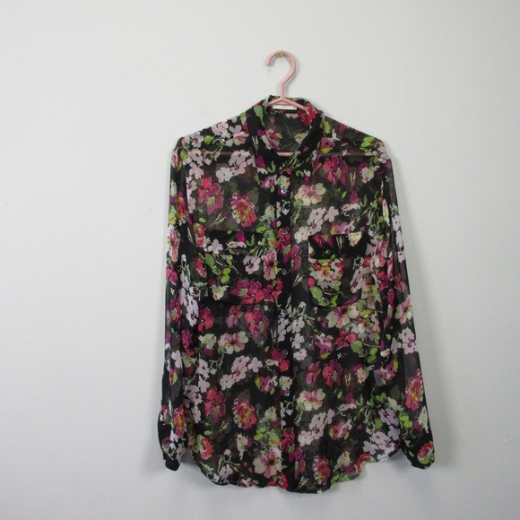 Equipment Femme 100% Silk Blouse M Black Floral Sheer Button Down Office 114 - Picture 1 of 14